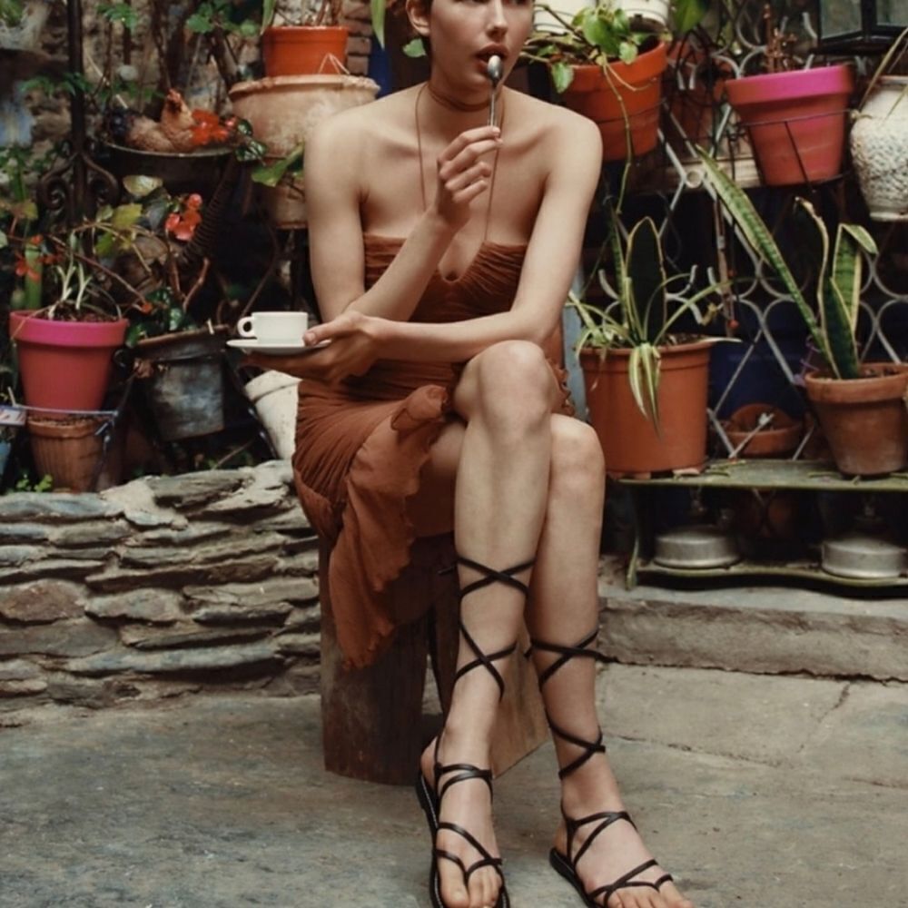 NWOT Zara Lace Up Tied Leather Jute Leather Black Sandals Size 41 - Picture 2 of 8